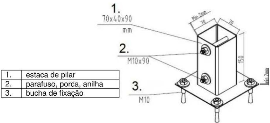 1. 70x40x90 mm 2. M10x90 3. M10 1. estaca de pilar 2. parafuso, porca, anilha 3. bucha de fixação