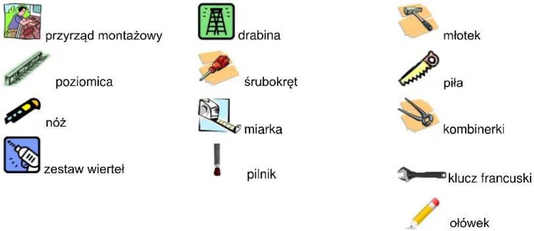 przyrząd montażowy poziomica noż zestaw wierteł drabina śrubokręt miarka pilnik młotek piła kombinerki klucz francuski ółówek
