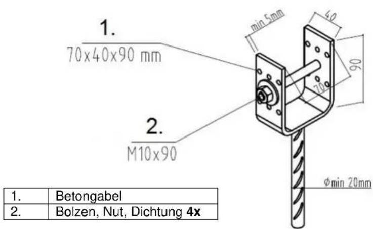 1. 70x40x90 mm 2. M10x90 min 5mm 40 60 20 φmin 20mm 1. Betongabel 2. Bolzen, Nut, Dichtung 4x
