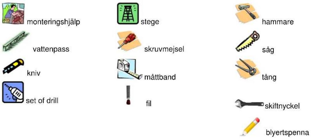 monteringshjälp vattenpass kniv set of drill stege skruvmejsel mättband fil hammare såg tång skiftnyckel blyertspenna