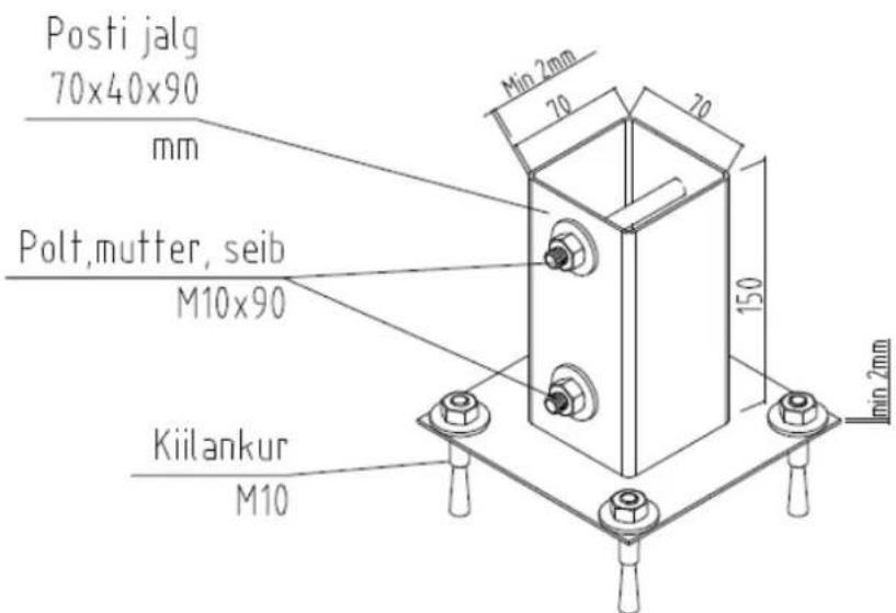 Posti jalg 70x40x90 mm Polt,mutter, seib M10x90 Kiilankur M10 Min 2mm 70 70 150 min 2mm