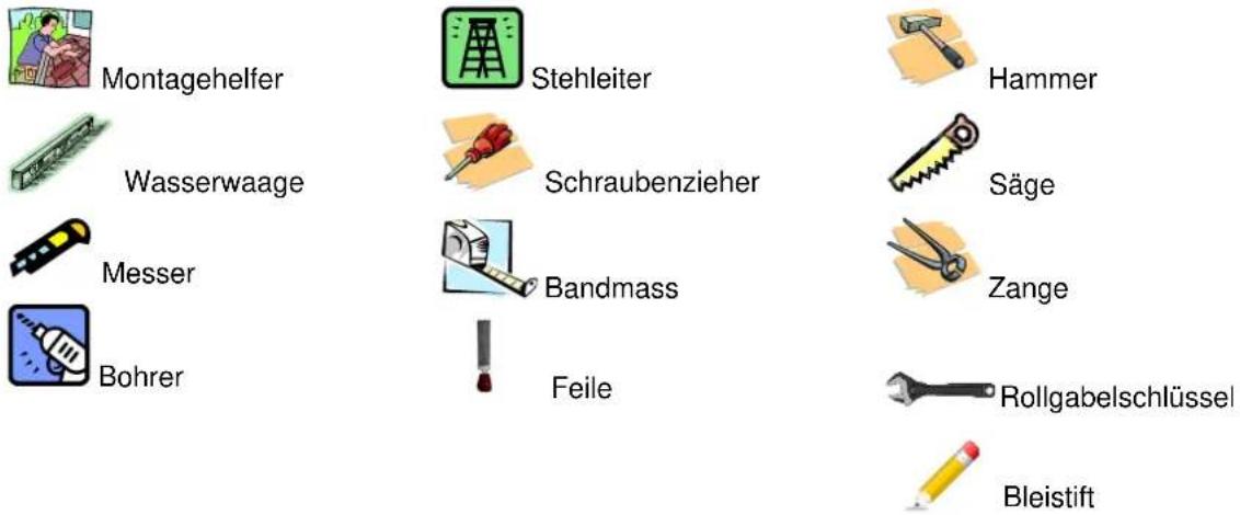 Montagehelfer Wasserwaage Messer Bohrer Stehleiter Schraubenzieher Bandmass Feile Hammer Säge Zange Rollgabelschlüssel Bleistift