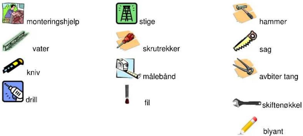 monteringshjelp vater kniv drill stige skrutrekker målebånd fil hammer sag avbiter tang skiftenøkkel blyant