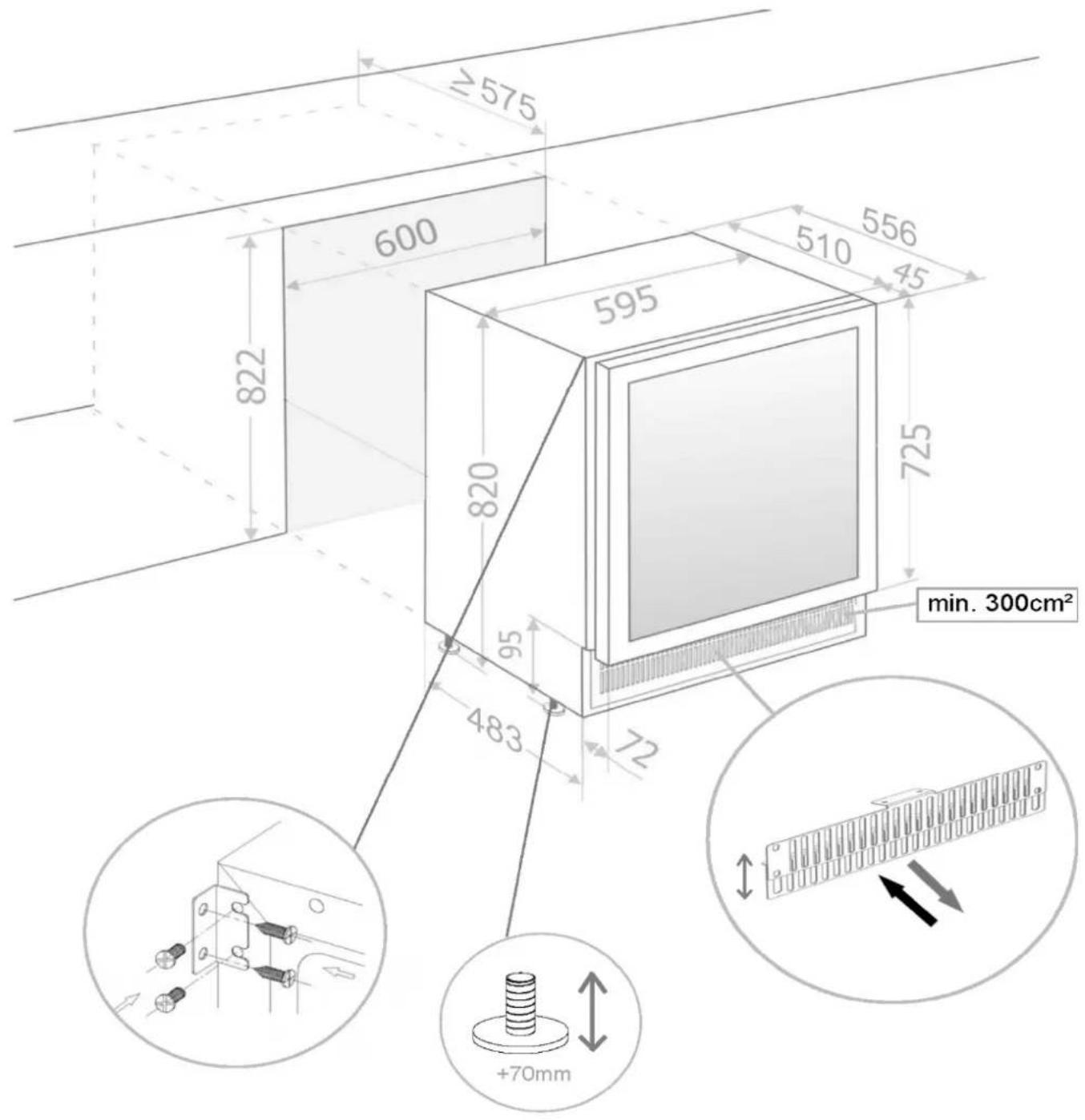 ≥575 600 595 822 510 556 45 820 725 min. 300cm² 95 483 +70mm