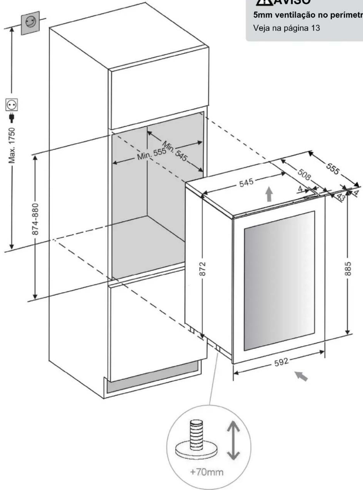 5mm ventilação no perímetro Veja na página 13 Max. 1750 874-880 Min. 555 545 545 508 555 43 4 872 885 592 +70mm