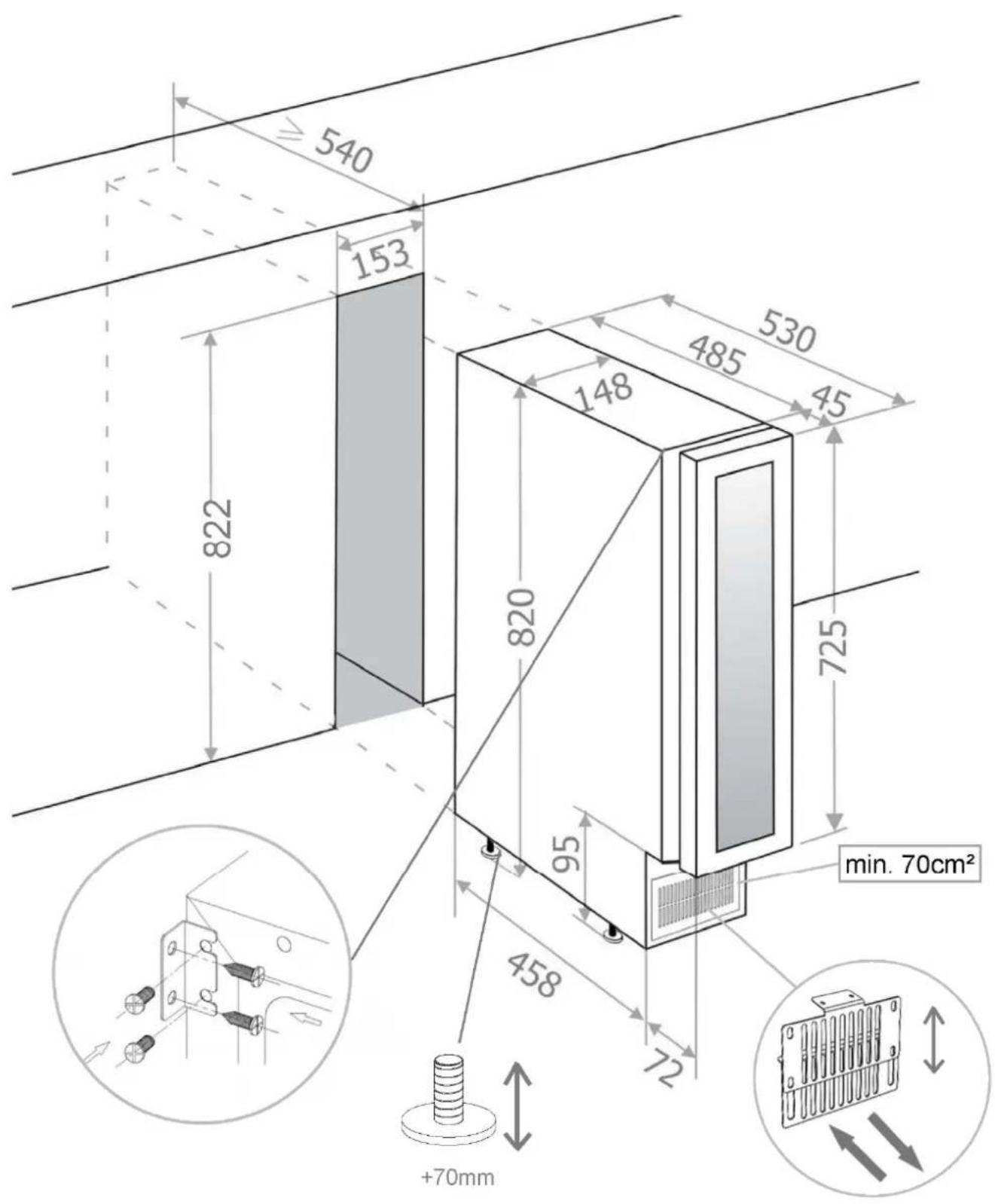 540 153 822 820 95 458 725 530 485 148 +70mm min. 70cm²