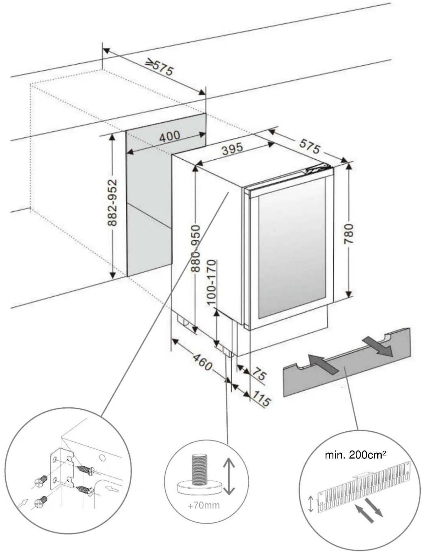≥575 400 882-952 395 575 880-950 100-170 780 460 75 115 min. 200cm² +70mm