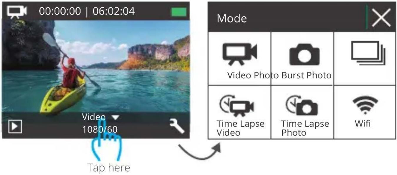 00:00:00 | 06:02:04 Mode Video Photo Burst Photo Time Lapse Video Time Lapse Photo Wifi Tap here