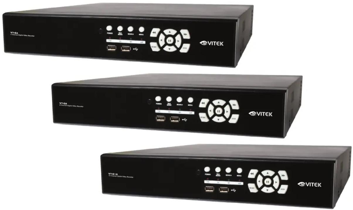 Three black VITEK digital video recording units with control knobs and ports, no visible text or symbols on the devices themselves.