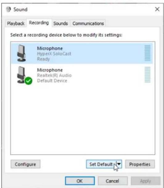 HYPERX SoloCast - En la pestaña Grabación, selecciona Micrófono HyperX SoloCast y haz clic en el botón Establecer como predeterminado. - 1
