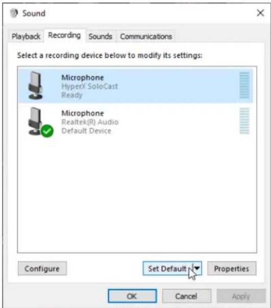 HYPERX SoloCast - Trên thể Recording, chọn Microphone HyperX SoloCast và nhập vào nút Set Default. - 1