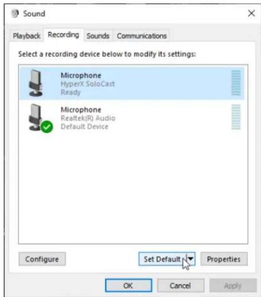 HYPERX SoloCast - On the Recording tab, select Microphone HyperX SoloCast and click on the Set Default button. - 1