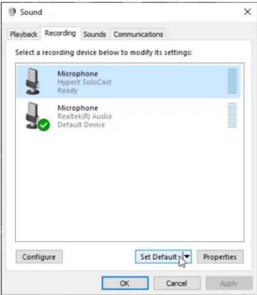 HYPERX SoloCast - Nella scheda Registrazione, selezionare Microphone HyperX SoloCast e fare clic sul pulsante Imposta come predefinito. - 1