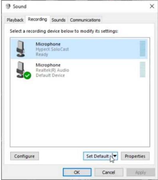 HYPERX SoloCast - 在 [錄製] 分頁，選擇 [麥克風 HyperX SoloCast] 後，點選 [設為預設裝置] 按鍵。 - 1