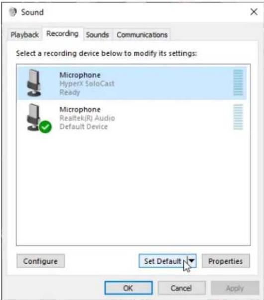 HYPERX SoloCast - Kayıt sekmesinde Mikrofon - HyperX SoloCast seçimini yapın ve ardından Varsayılan Olarak Ayarla düğmesine tıklayın. - 1