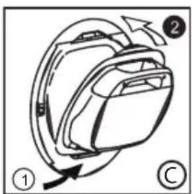 Diagram of a backpack with labeled parts and directional arrows indicating movement or rotation