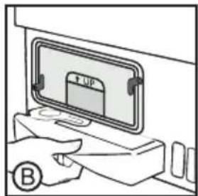 Diagram showing a hand inserting a card into a device with label B, indicating a file or device component.