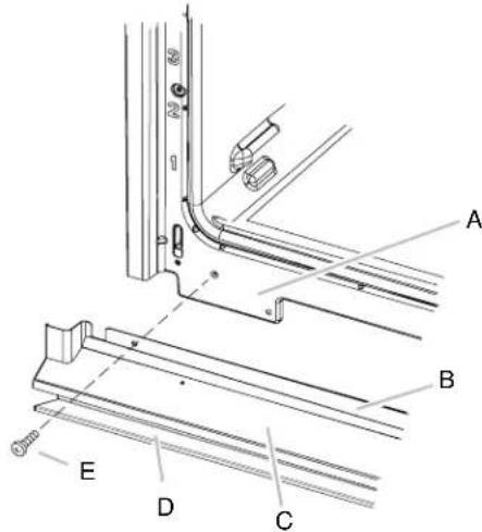 Technical diagram of a mechanical assembly with labeled parts A, B, C, D, E and numbered components