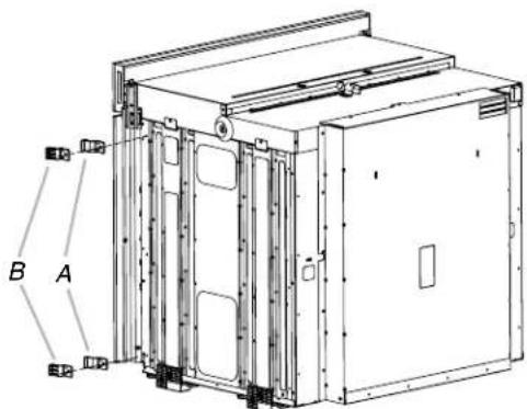 Technical diagram of a device with labeled components A and B, showing internal structure and mounting points.