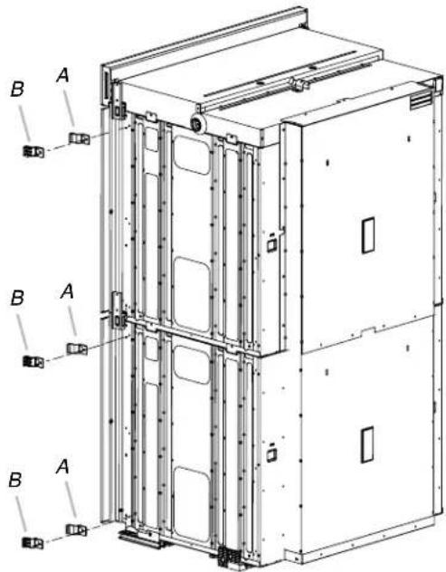 Technical diagram of a server rack with labeled components A and B, showing structural layout and mounting points.