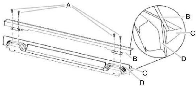 Technical diagram of a mechanical assembly with labeled components A, B, C, D and an inset showing a detailed view of a geometric structure.