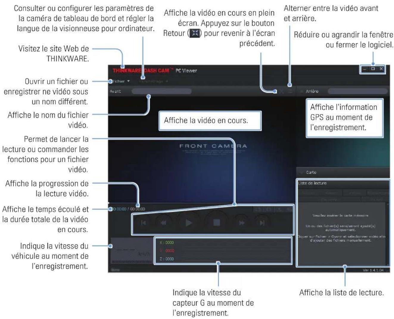 Thinkware Q800 PRO - Disposition de l'écran de la visionneuse pour ordinateur (pour windows) - 1