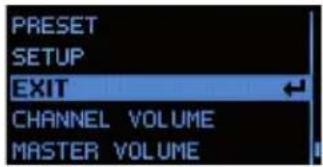PRESET SETUP EXIT CHANNEL VOLUME MASTER VOLUME