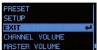 PRESET SETUP EXIT CHANNEL VOLUME MASTER VOLUME