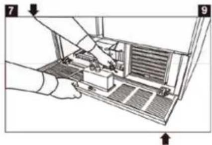Diagram showing a hand operating a device with labeled parts and directional arrows indicating movement or assembly.