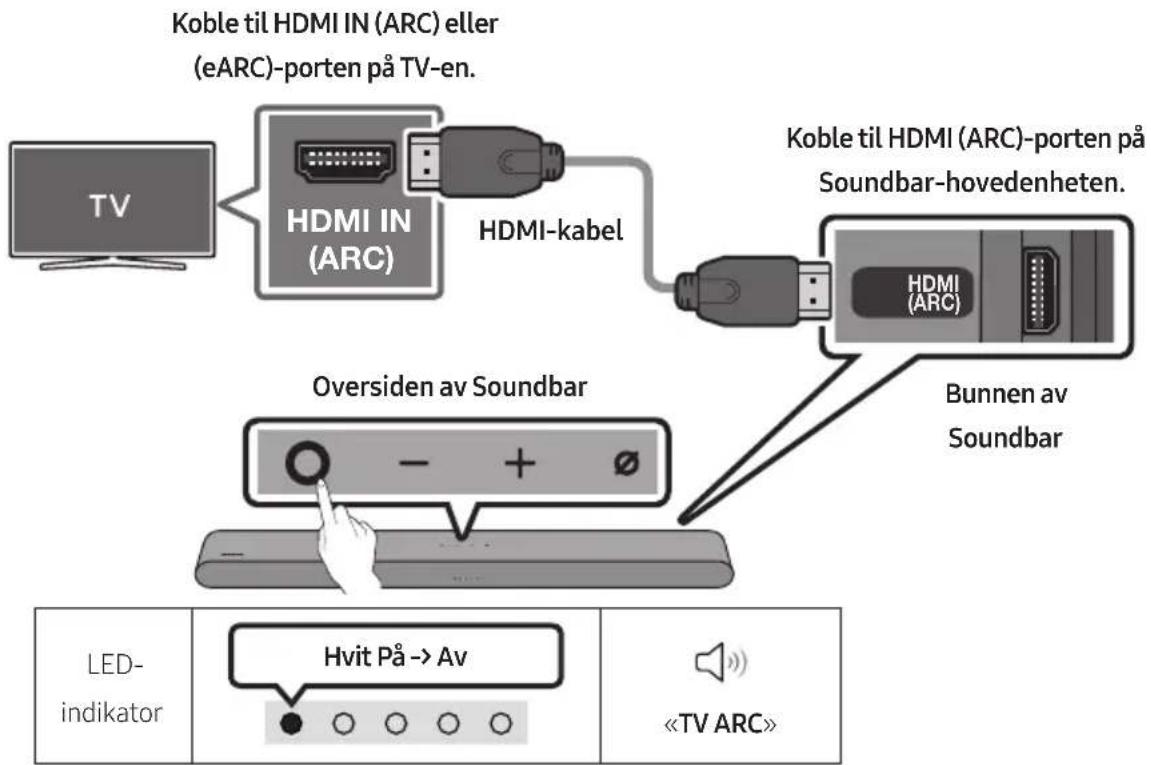 Koble til HDMI IN (ARC) eller (eARC)-porten på TV-en. HDMI IN (ARC) HDMI-kabel Koble til HDMI (ARC)-porten på Soundbar-hovedenheten. HDMI (ARC) Bunnen av Soundbar Oversiden av Soundbar LED- indikator Hvit På -> Av «TV ARC»