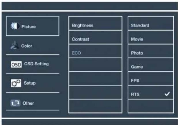 Picture Color OSD OSD Setting Setup Other Brightness Contrast ECO Standard Movie Photo Game FPS RTS