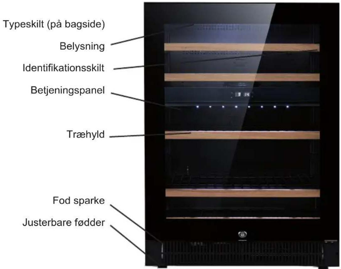 Typeskilt (på bagside) Belysning Identifikationsskilt Betjeningspanel Træhyld Fod sparke Justerbare fødder
