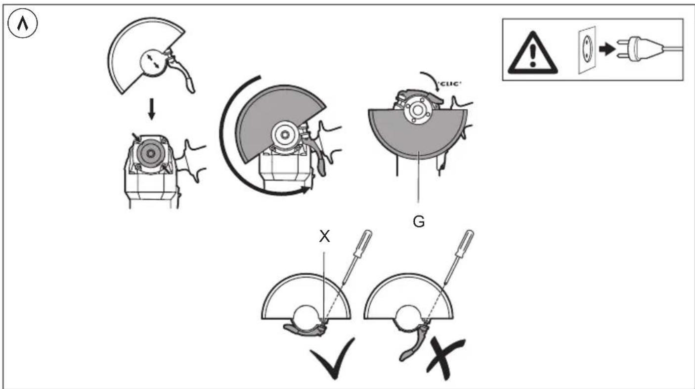 Diagram illustrating mechanical assembly steps with labeled components and warning symbols