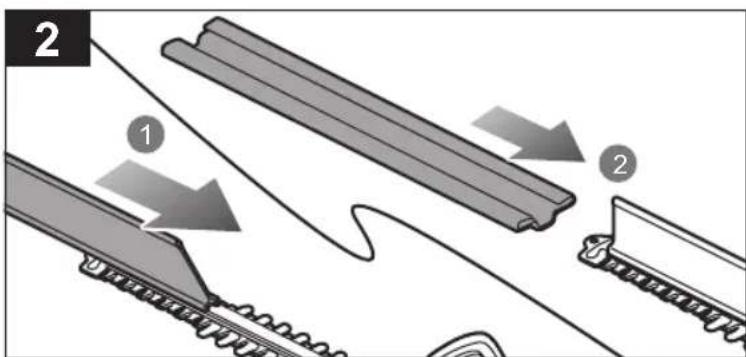 Diagram illustrating a mechanical assembly process with labeled steps 1 and 2, showing components like a roller, spring, and chain.
