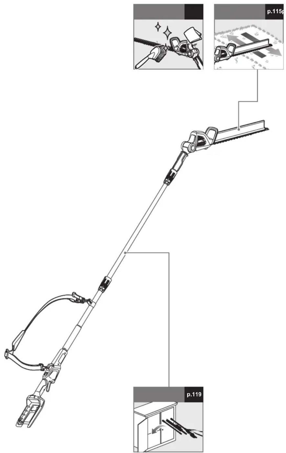 Technical diagram of a mechanical tool with labeled parts and process steps, including zoomed-in views and assembly instructions.