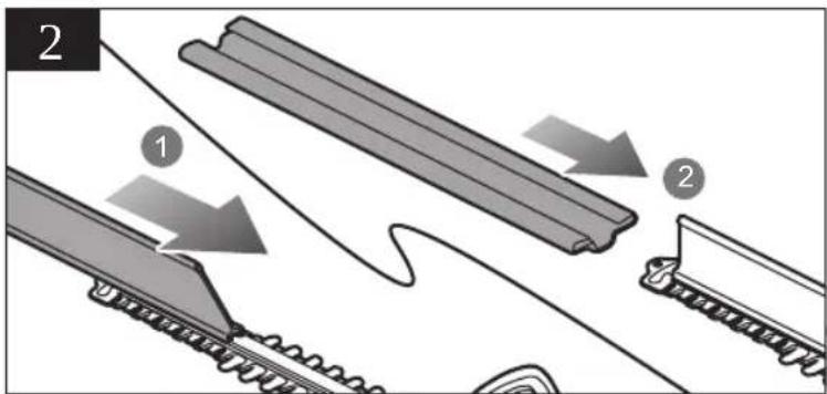 Diagram illustrating a mechanical assembly process with labeled steps 1 and 2, showing components like a roller, spring, and chain.