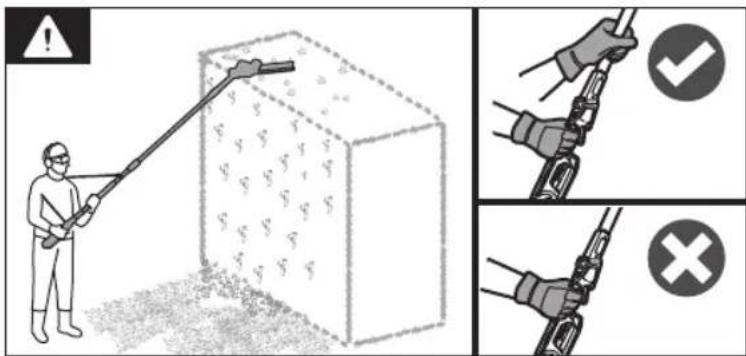 Safety warning illustration showing a person spraying a hose next to a 3D cube with warning symbols and correct/incorrect signs.