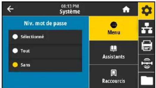 ZEBRA ZE511 - Système > paramètres > niv. mot de passe - 1