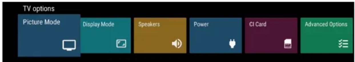 TV options Picture Mode Display Mode Speakers Power CI Card Advanced Options