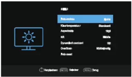 BLOOD Pots-onklos None Kleur temperature Standard Aspectrobe 1029 NR Middle Dynamikochtrabel 0.1 OverScan Middelmatrix Pots reset Verplastien ENTER Selecter NEW Tenug