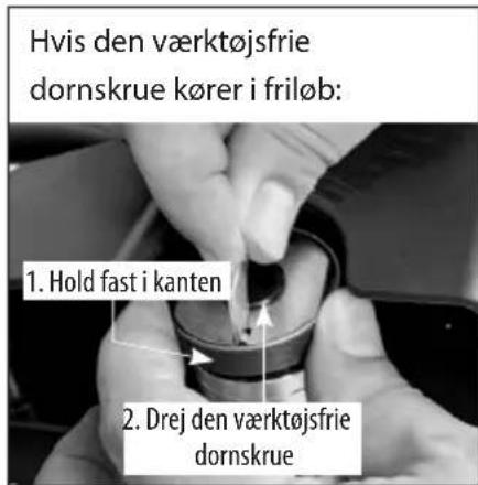 Hvis den værktøjsfrie dørnskrue kører i friløb: 1. Hold fast i kanten 2. Drej den værktøjsfrie dørnskrue