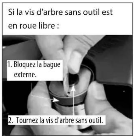 Si la vis d'arbre sans outil est en roue libre : 1. Bloquez la bague externe. 2. Tournez la vis d'arbre sans outil.