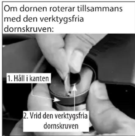 Om dornen roterar tillsammans med den verktygsfria dornskruven: 1. Håll i kanten 2. Vrid den verktygsfria dornskruven