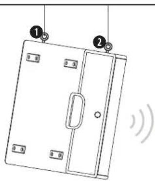 Diagram of a door with labeled parts and sound waves, showing numbered labels ① and ②.
