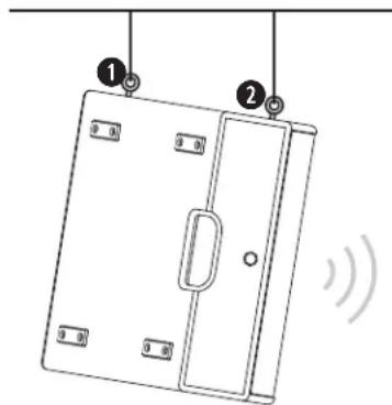 Diagram of a door with labeled parts and sound waves, showing numbered positions and directional arrows