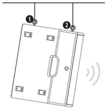 Diagram of a door with labeled parts and sound waves, showing numbered positions and directional arrows