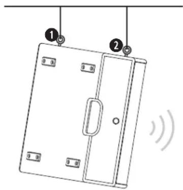 Diagram of a door with labeled parts and sound waves, showing numbered components and directional arrows