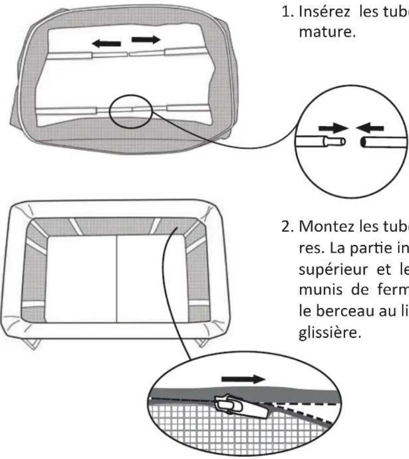 1. Insérez les tube mature. 2. Montez les tube res. La partie in supérieur et le munis de ferm le berceau au li glissière.