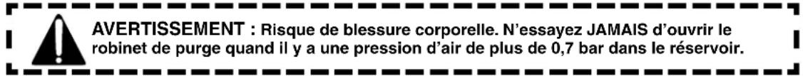 AVERTISSEMENT : Risque de blessure corporelle. N'essayez JAMAIS d'ouvrir le robinet de purge quand il y a une pression d'air de plus de 0,7 bar dans le réservoir.