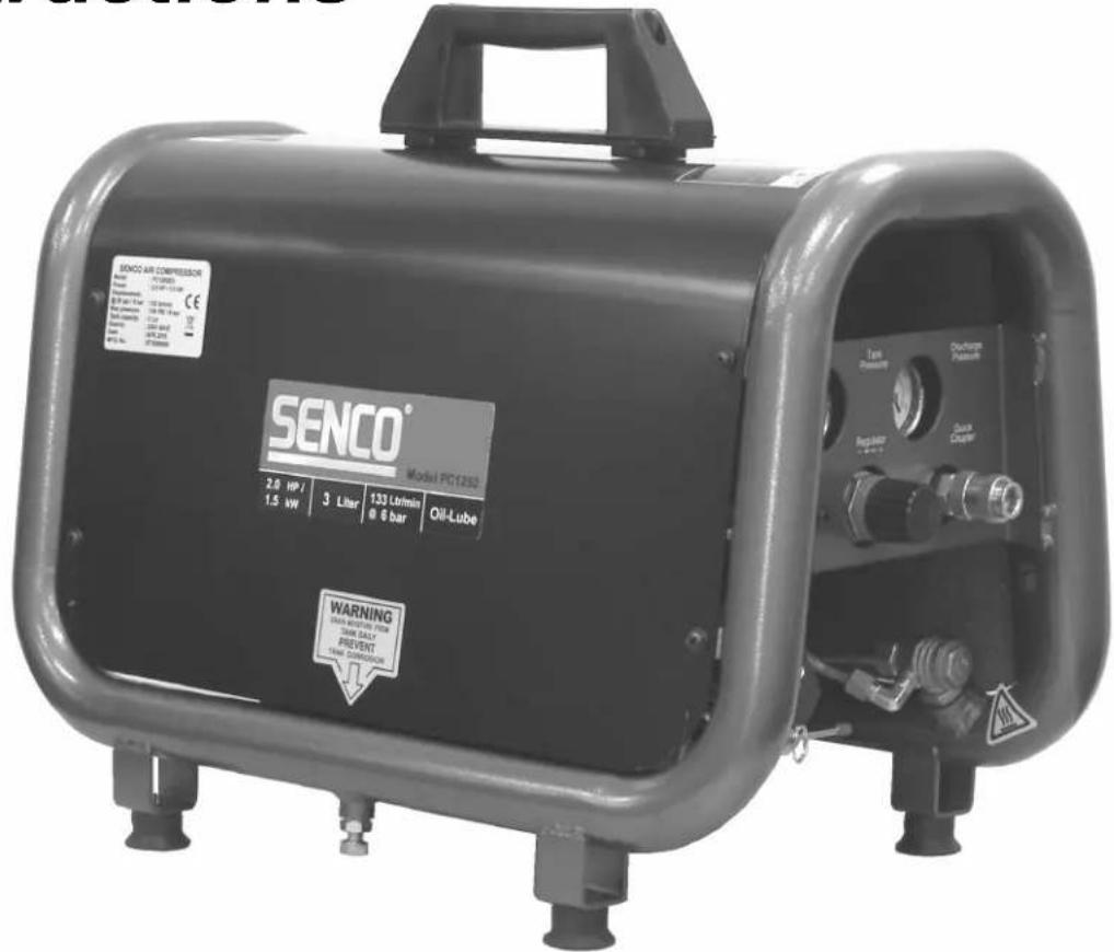 SENCO AIR COMPRESSOR Air 15.0000 Standard 12.47-13.00 CE 2.6 HP / 3 Litter 133 Lr/min Oil-Lube 1.5 kW @ 6 bar SENCO® Model PC1232 Type Drainer Discharge Pipesink Regulator Quick Coupler WARNING ONION RESISTANCE RAW SAAT PREVENT TIME CORNATION